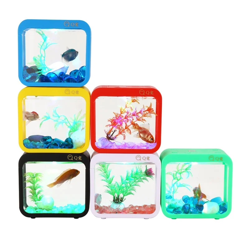 Battery type five-color changeable creative betta fish box light detachable seaweed mini small ecological landscaping aquarium