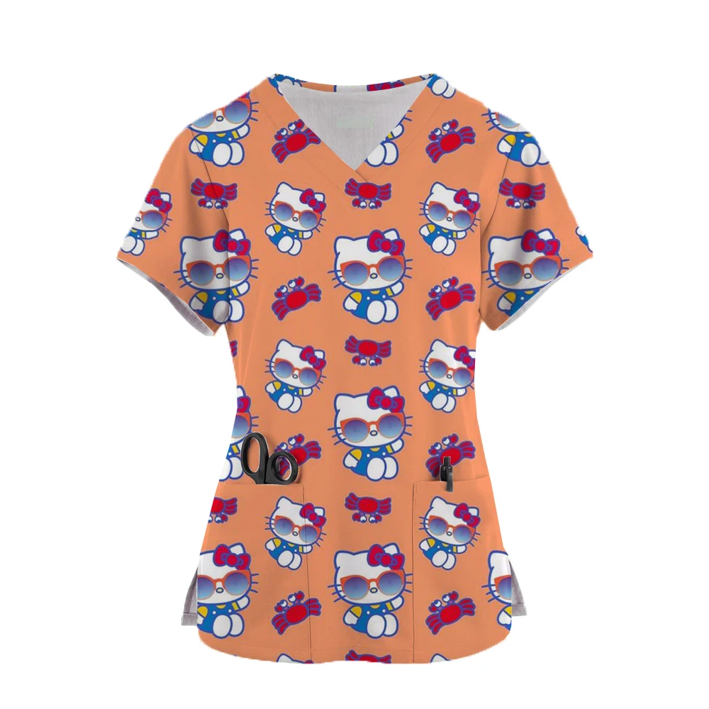 2024 Kawaii Nurse Uniform Scrubs Womens Cartoon Hello Kitty Print Short Sleeve Pocket Overalls Uniforms Medical Nursing Blouse