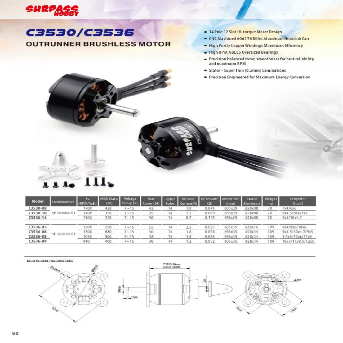 SURPASS HOBBY 2814 Brushless Motor C3536 910KV 1050KV 1300KV 1500KV 14 Poles for RC Airplane Fixed-wing Glider Warbirds