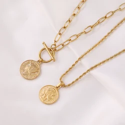 Gold Color 316L Stainless Steel Hip Hop Round Portrait Coin Necklace For Women Men Fashion Trend Girl Jewelry Gift Choker