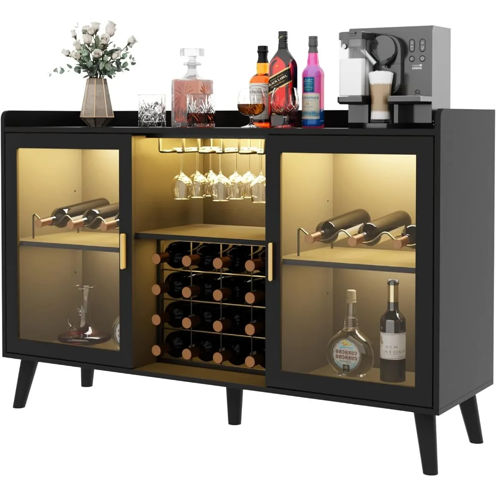 Wine Bar Cabinet with Led Light, Home Coffee Cabinet with Wine and Glass Rack, Kitchen Buffet Sideboard with Storage Shelves, Fr