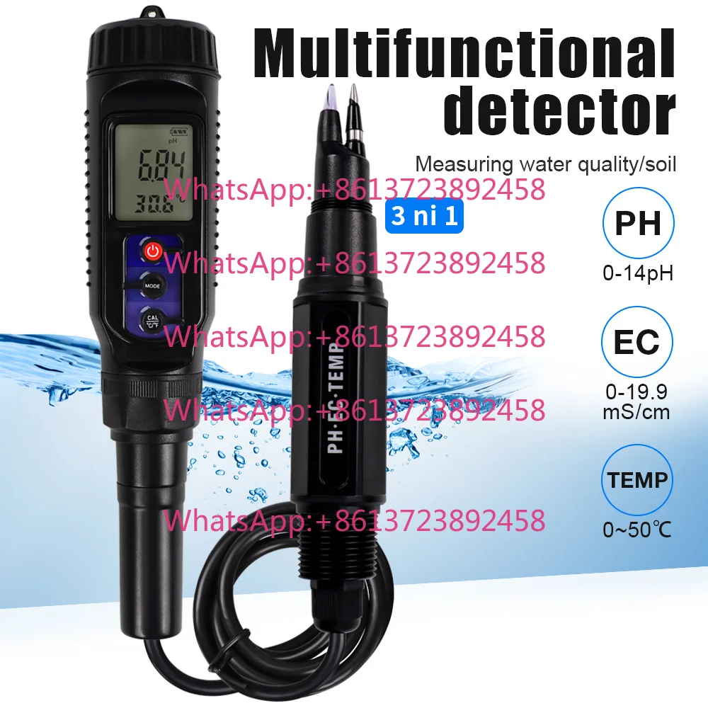 3-in-1 pH EC Temperature Meter Digital Display IP65 Waterproof ATC Precision 0-19.9mS/cm Conductivity 0~50C Temperature 0-14pH