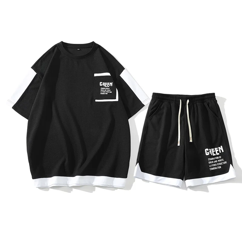 Summer Men's Set Korean Harajuku High Street T-shirt Shorts 2 Piece Set Splicing Waffle Tee Sports Pants Fashion Men's Clothing