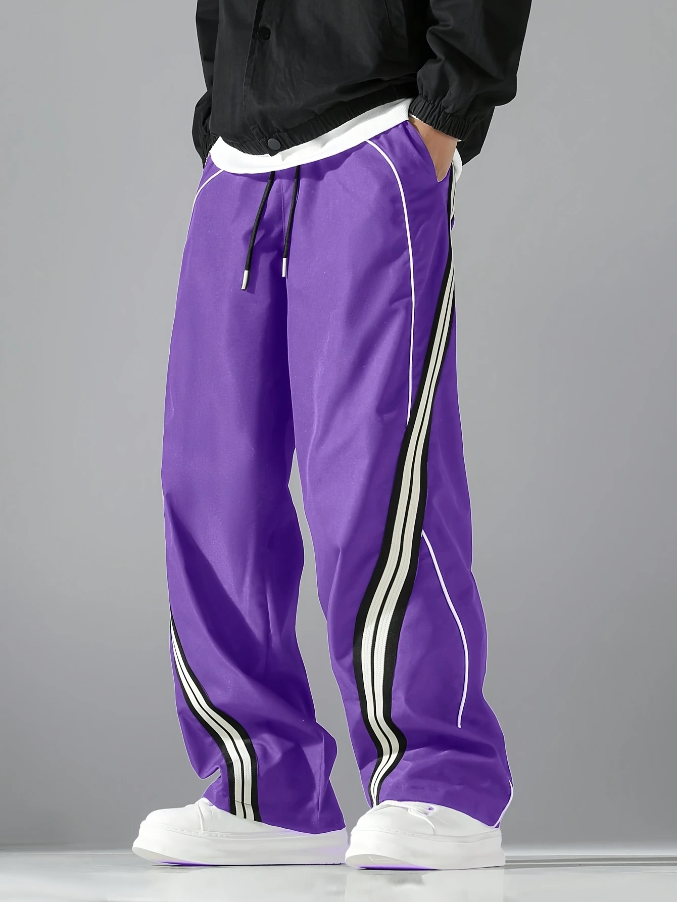 2026 Neue Herren-Trainingshose mit weitem Bein, lässige Hose mit Kordelzug, seitlichem Streifen, locker geschnitten, Streetwear, Paarhose, Kinderhose – Detail 13
