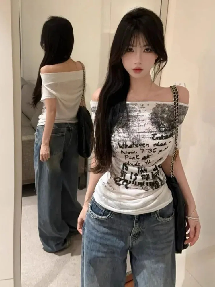 

Sexy T Shirts Women Slash Neck Printing Short Sleeve Ruched Y2k Harajuku Crop Tops Ladies Fashion Casual Tee Shirt