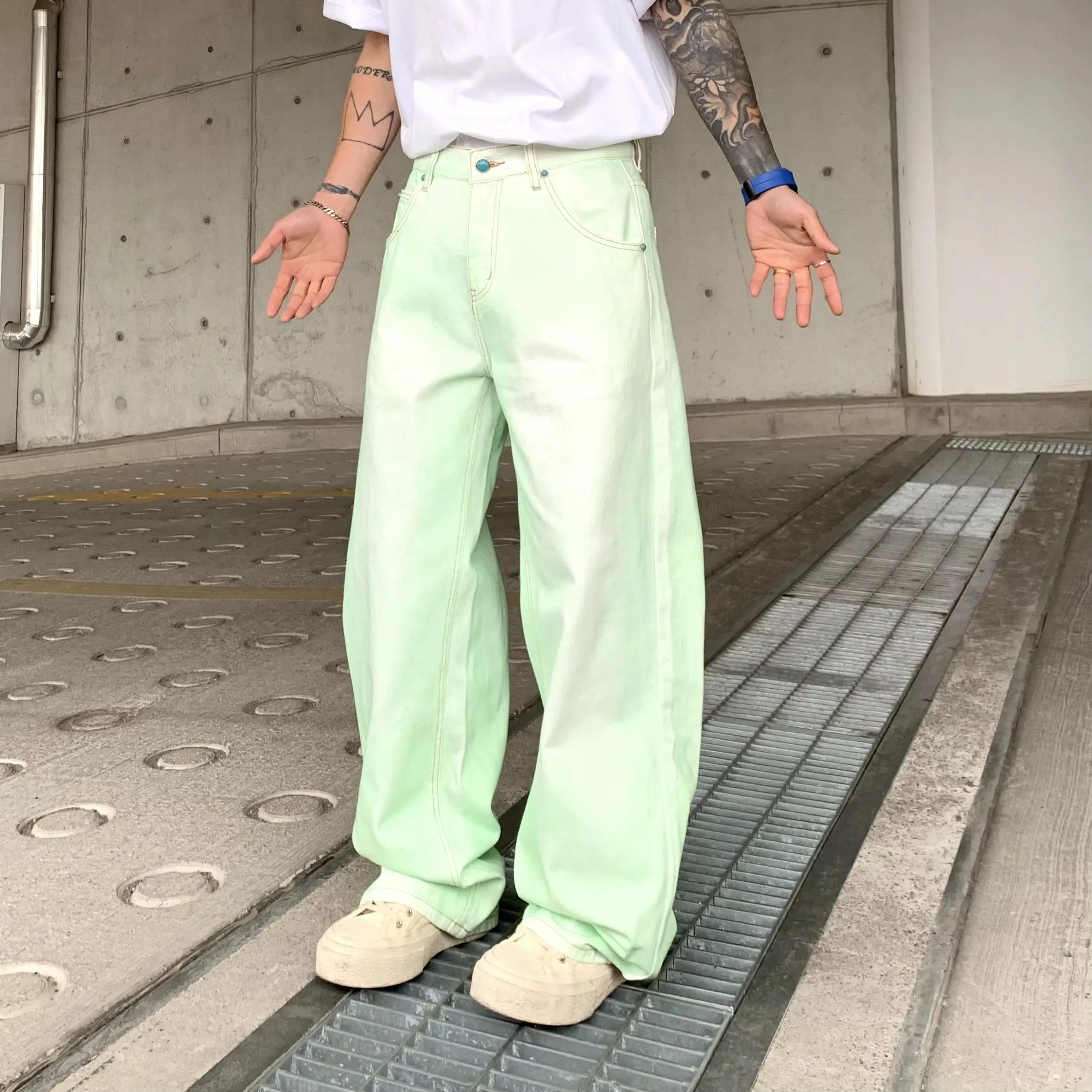 Calça jeans masculina rosa, perna larga, cor tingida, ajuste solto, algodão, jeans, masculina