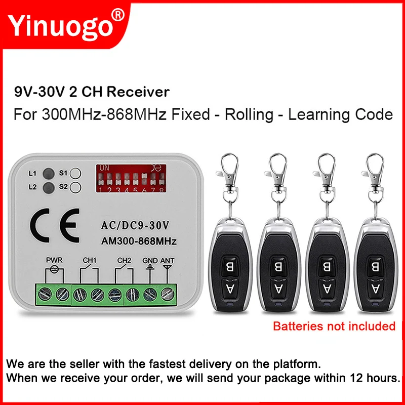 

Universal Receiver 300-868MHz Garage Door Remote Control Receiver AC/DC9-30V 433.92MHz Garage Door Controller