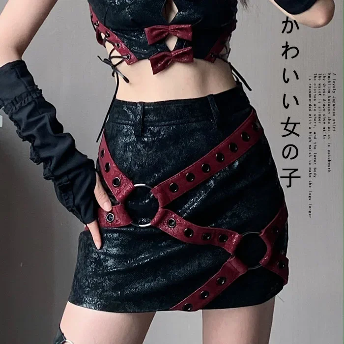 

High Waist Motorcycle Skirts Suit for Girls, Japanese Harajuku, Gothic, Red, Black, Splicing, Kawaii, Hot Fashion, New