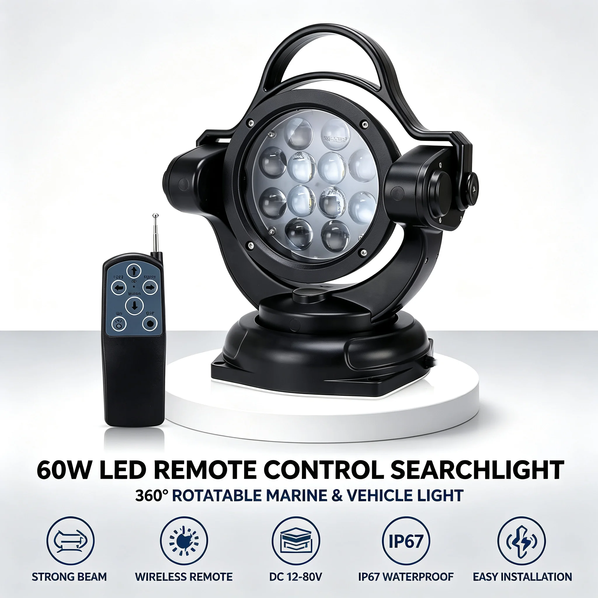 Control Searchlight 5000LM 12V 24V 60W 360º LED Rotating Control Work Light Spot for SUV Off-Road Trucks Boat Home Secur