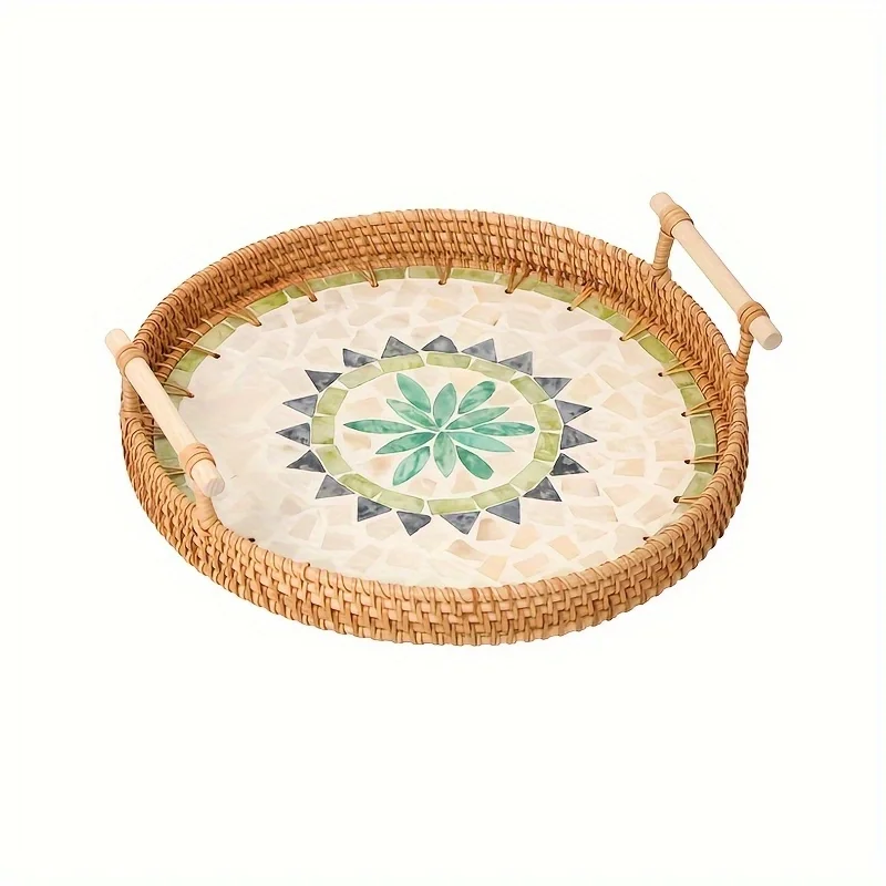 Vietnam Rattan Serving Tray with Shell Inlay Woven Fruit & Breakfast Basket Japanese-style Bread & Snack Organizer