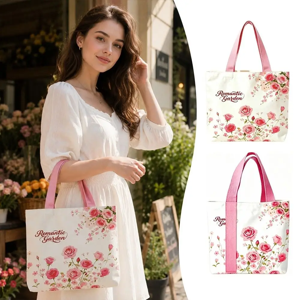Portable Floral Canvas Tote Bag Large Capacity Lightweight Commute Handbag Reusable Shopping Bag For Work