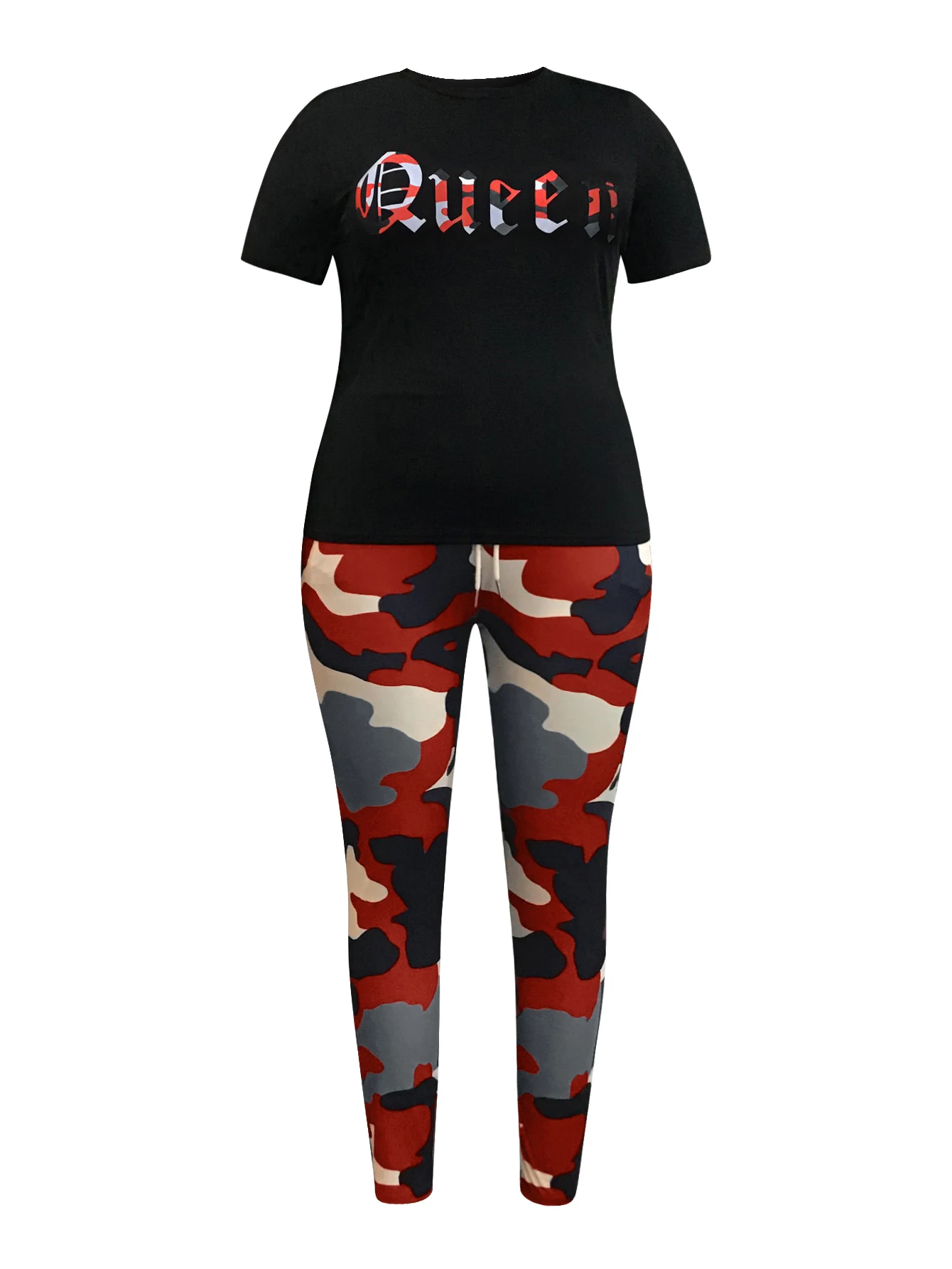 LW Plus Size 2Pcs pants set Camo Queen Letter Print Pants Set Women Casual Tracksuit Basic Slim Tee Shirt Skinny Flared Trousers