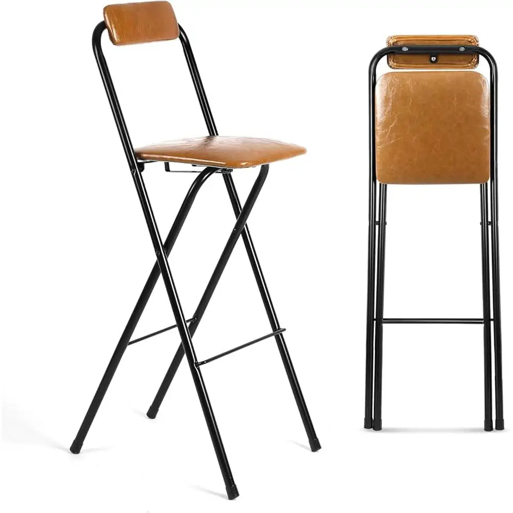 Folding Bar Stool with Back Tall Leather Cushioned Counter Height Portable Stool Space Saving Comfortable Seating Ideal Kitchen