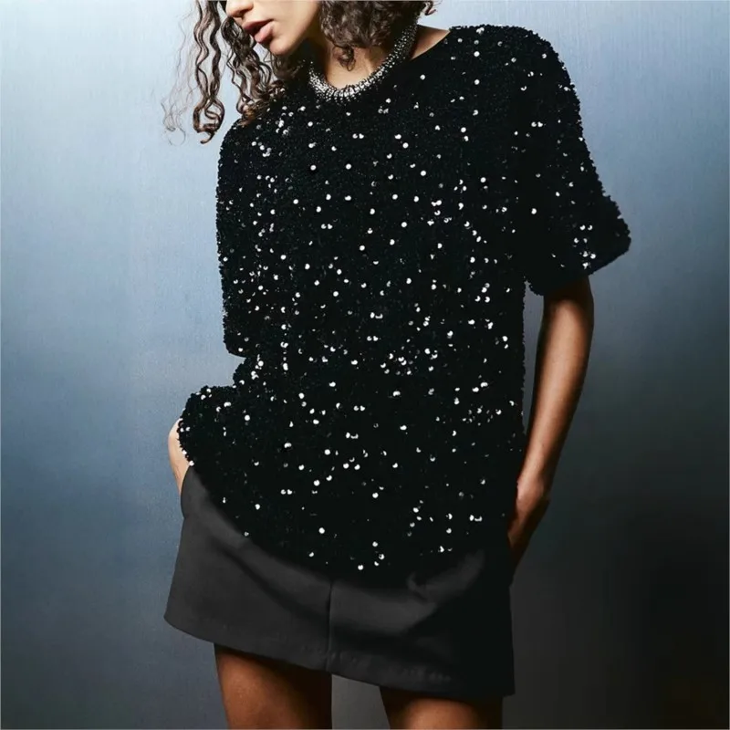 

Women Trendy Shine Sequin T-shirt Short Sleeve Blouse Loose Tops Female Clothing For Cocktail Party Clubwear Streetwear Tee