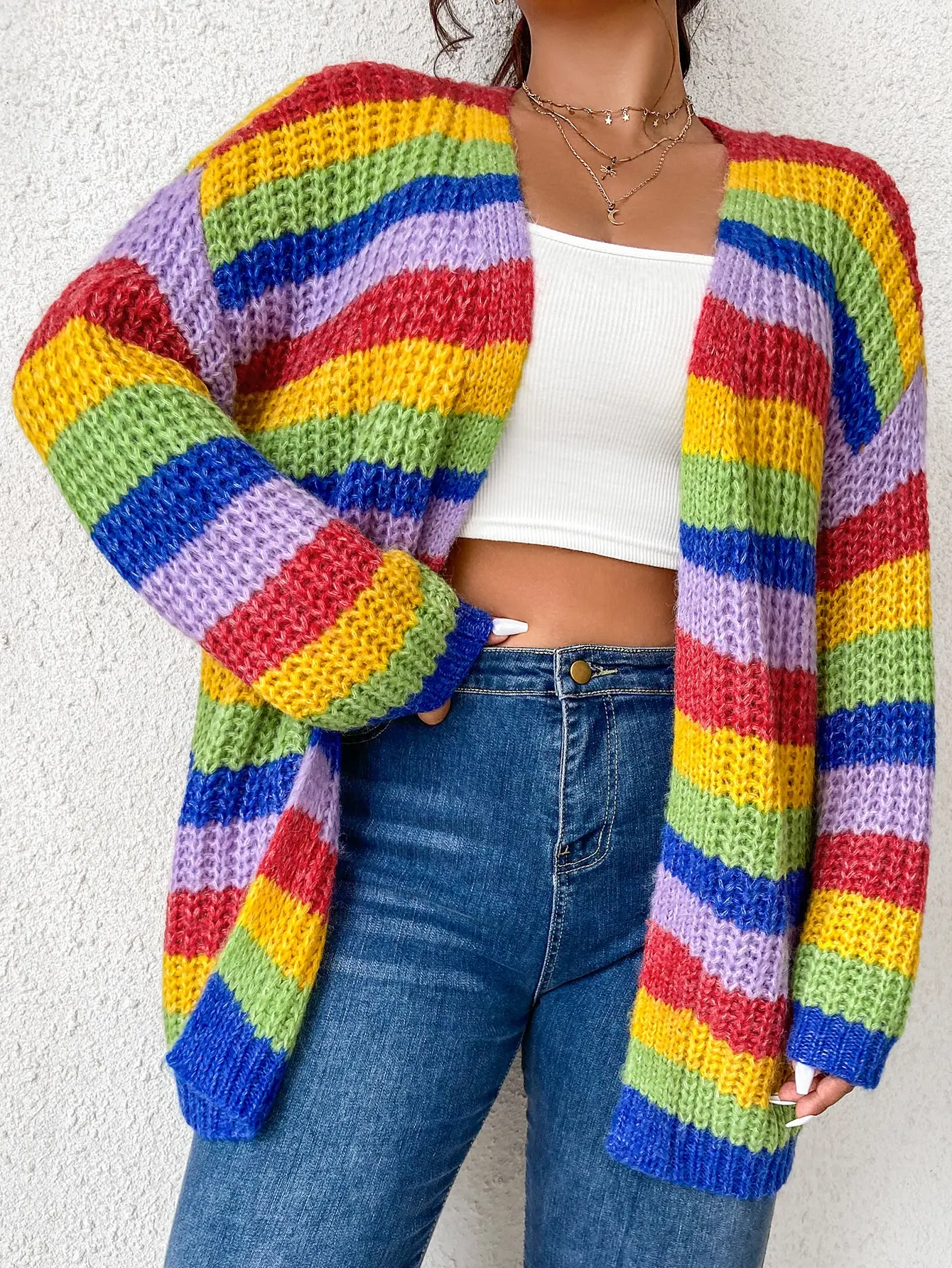 Plus  size Women\'s Plus Rainbow Striped Pattern Drop Shoulder Duster Cardigan