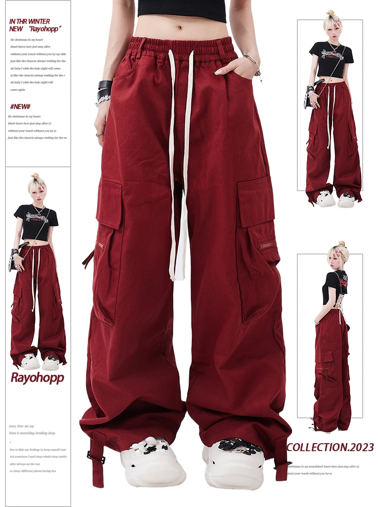 Dophee Red Bib Overall for Women New Summer Dopamine Y2k Casual Long Trousers Drawstring Elastic Waist Straight Dance Pants