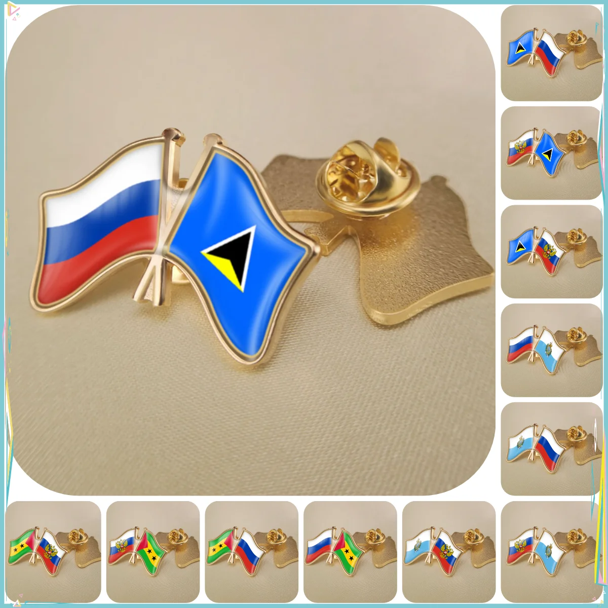 Russian Federation and Saint Lucia San Marino Sao Tome and Principe Double Crossed Friendship Flags Brooches Lapel Pins Badges