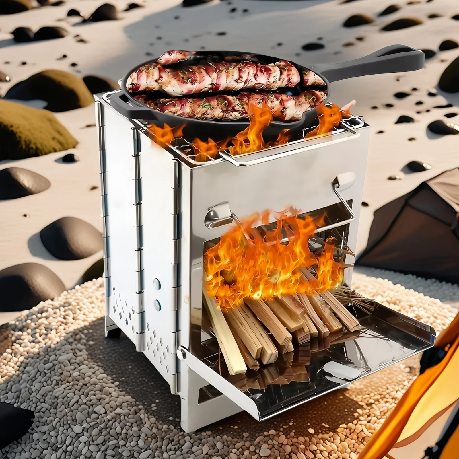 

Folding BBQ Grill Square Design Stainless Steel Outdoor Stove for Camping Charcoal/Firewood Cooker with Durable Grilling Surface
