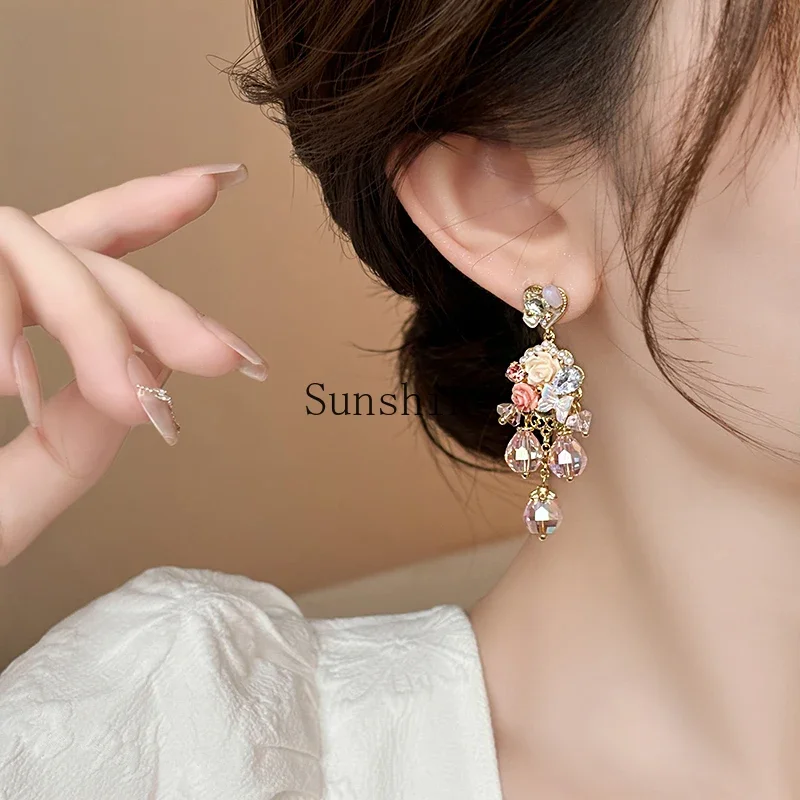 Crystal flower fringed earrings niche unique light luxury high-end earrings