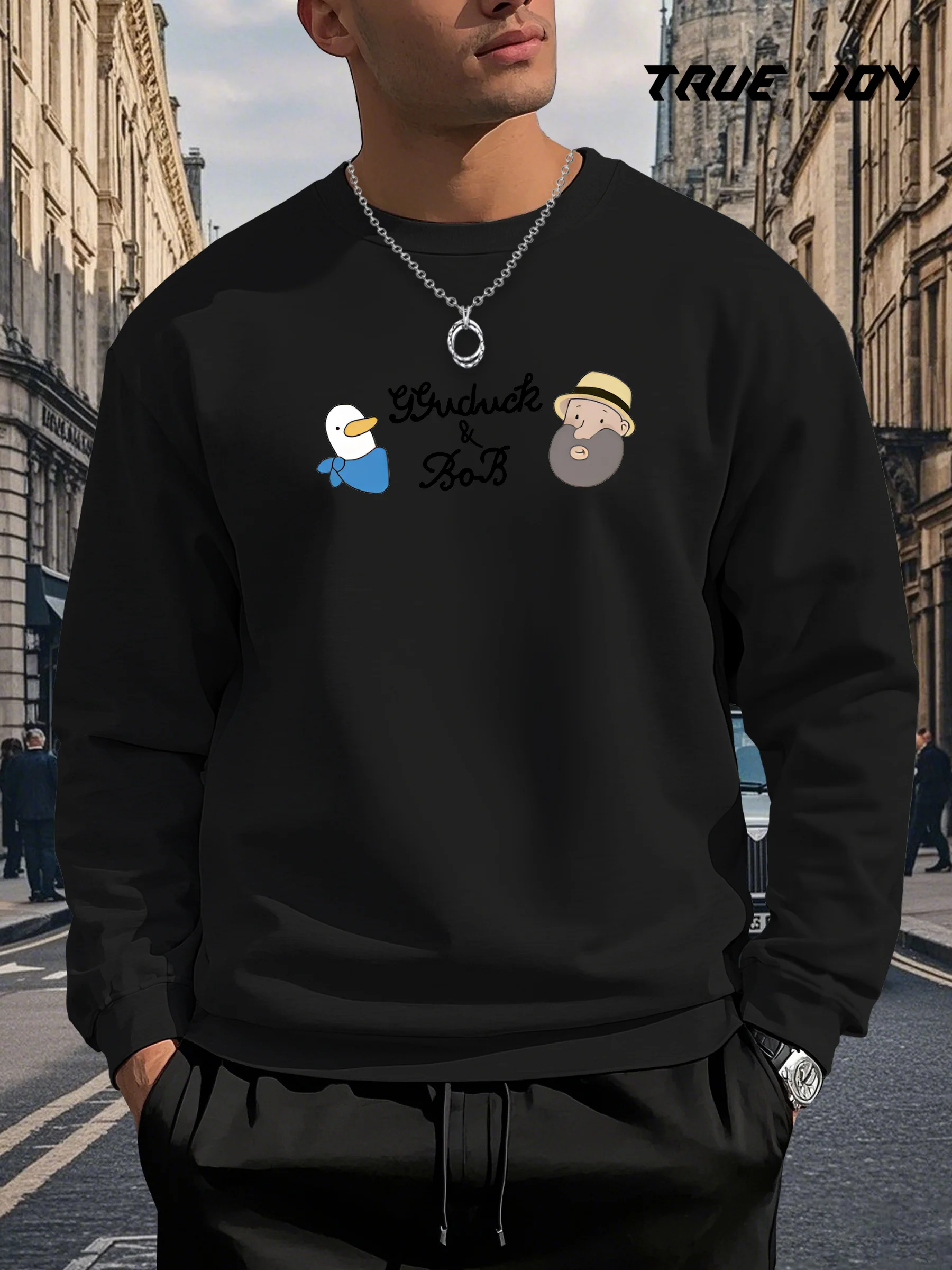 

Мужская повседневная толстовка с рисунком Buduck & Bob с мультяшным принтом — черный свободный пуловер с длинными рукавами и круглым вырезом