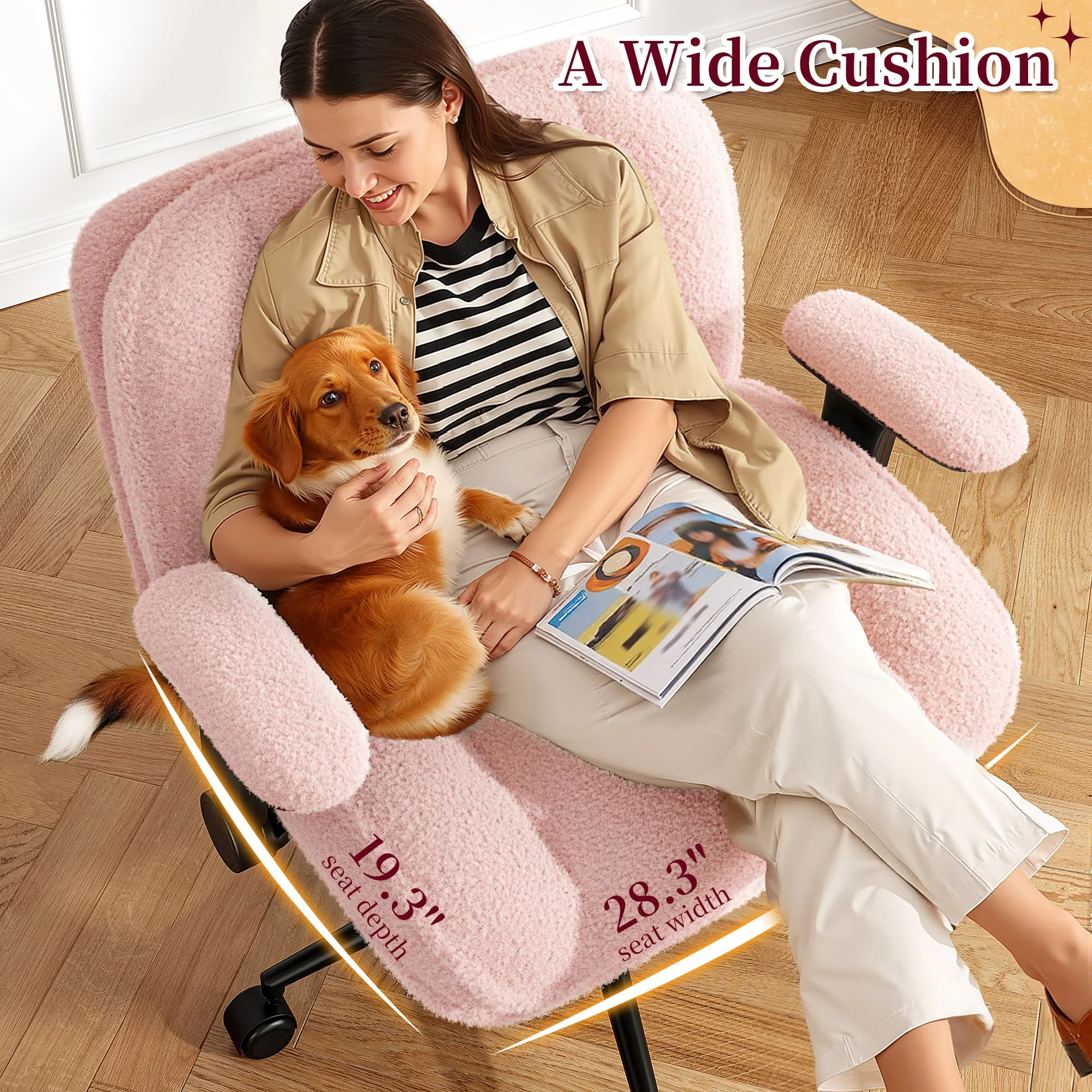 EnHomee Cross Legged Office Chair with Flip-Up Arms & Height Adjustable Wide Plush Criss Cross Chair with Wheels for Home Office Vanity