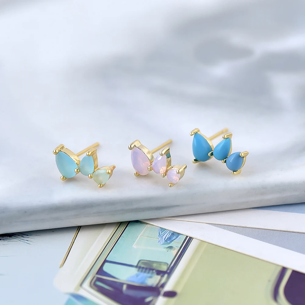 925 Sterling Silver Ear Needle Water Drop Stud Earrings for Women Luxury Blue/Pink Crystal Piercing Earrings Fashion Jewelry