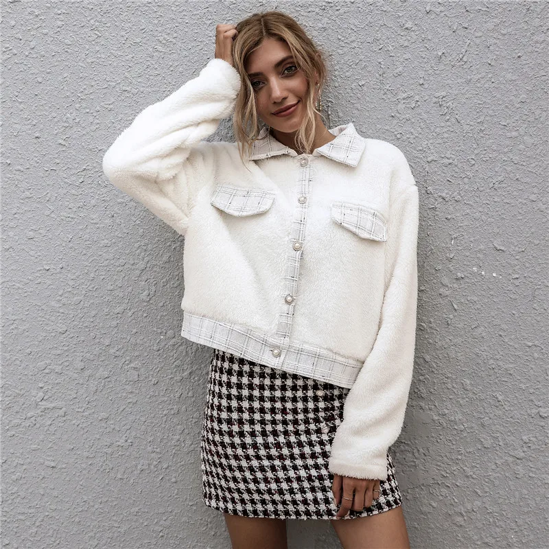 Einreiher Kurz Mantel Damen Mode Revers Kragen Shirt Wolle Mantel Winter Freizeit Langarm Tasche Strickjacke Mantel Mantel