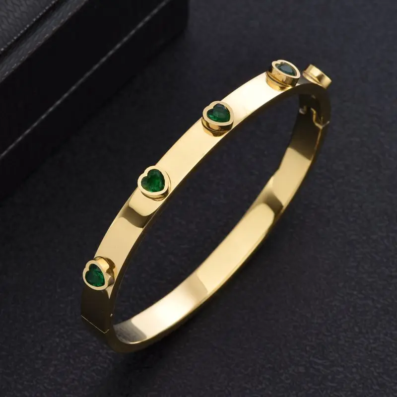 

New Fashion Women Girls Wedding Party Cuff Bangles Stainless Steel Charm Green Crystal Bracelets Jewelry Gift