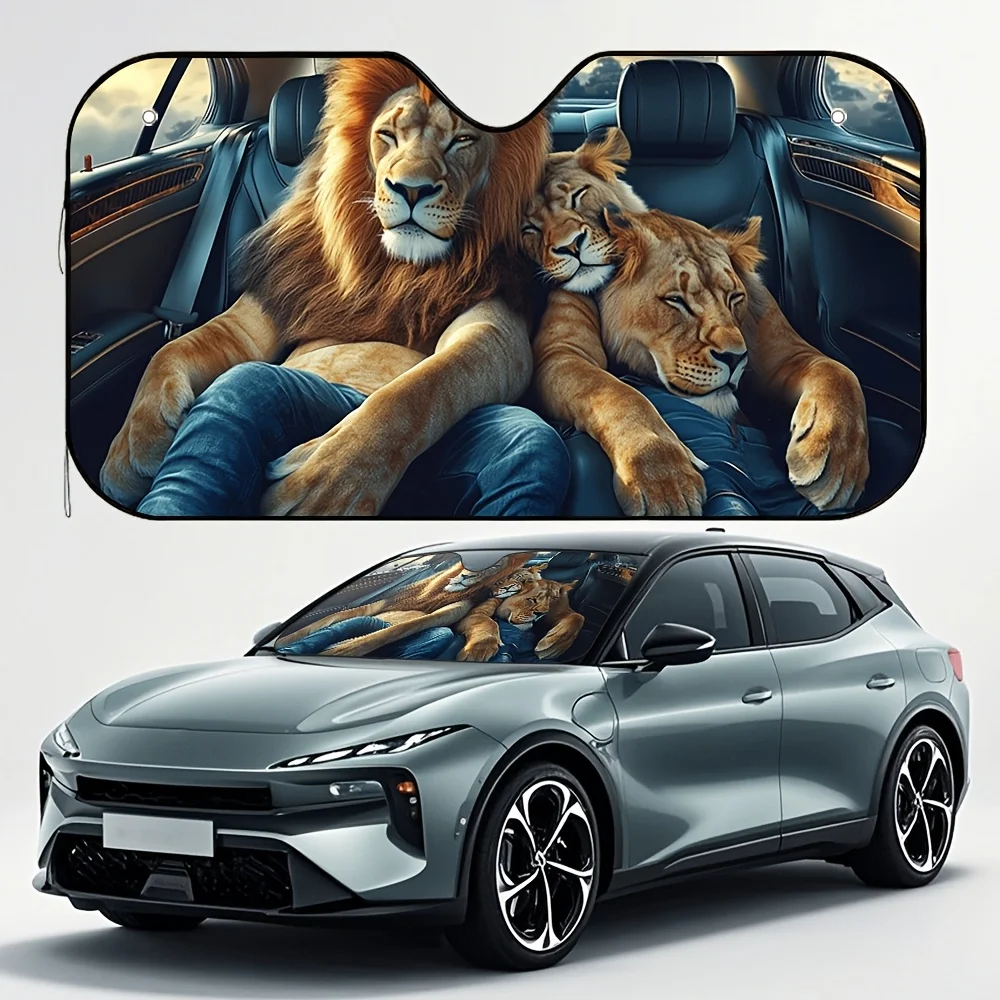 

1pc Fashion Couple Lion Print Car Sunshade - Stylish & Foldable, Keeps Your Vehicle Cool, Easy Installation With 4 Suction Cups,