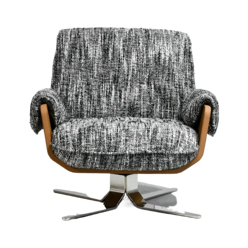Luxury textured tweed cloth rotating decorative chair, saddle leather shell single armchair, suitable for living room villa