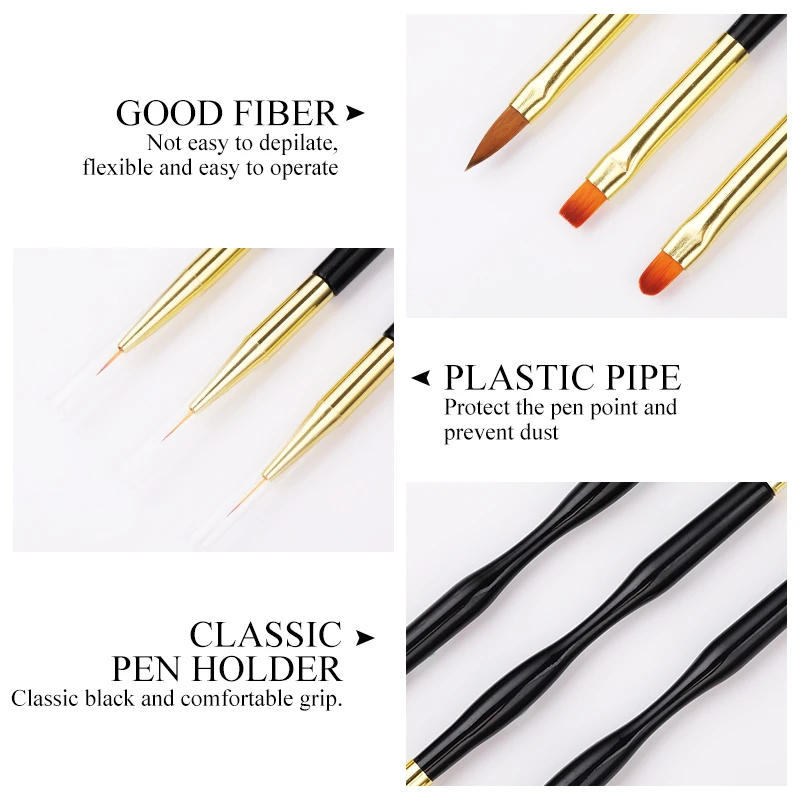 BORN PRETTY 3PCS/SET Double Head UV Gel Nail Brush Acrylic French Stripe Nail Art Liner Brush Line Drawing Pen Painting Tools