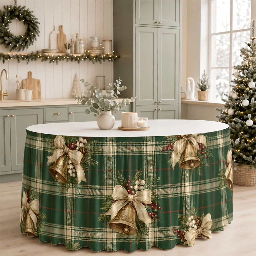 Table Skirt, Scottish Plaid Christmas Bell Ribbon Bow Winter Holiday Celebration Christmas Party Tablecloth/Tablecove 1pc