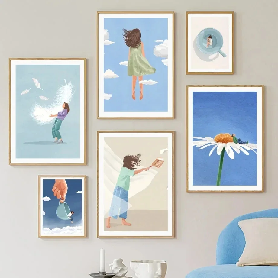 Abstract Poster Girl Daily Life Print Daisy Cup Book Feather Canvas Painting Minimalist Wall Art Pictures For Living Room Dec