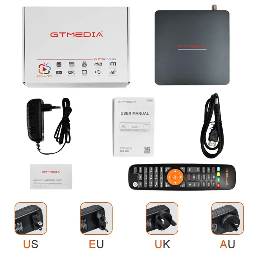 GTMedia V9 Prime Satellite Receiver, DVB-S,S2,S2X, HEVC Main10, AVS + BISS, Auto Roll, Built-in 2.4G WiFi, PowerVu Supports Mars