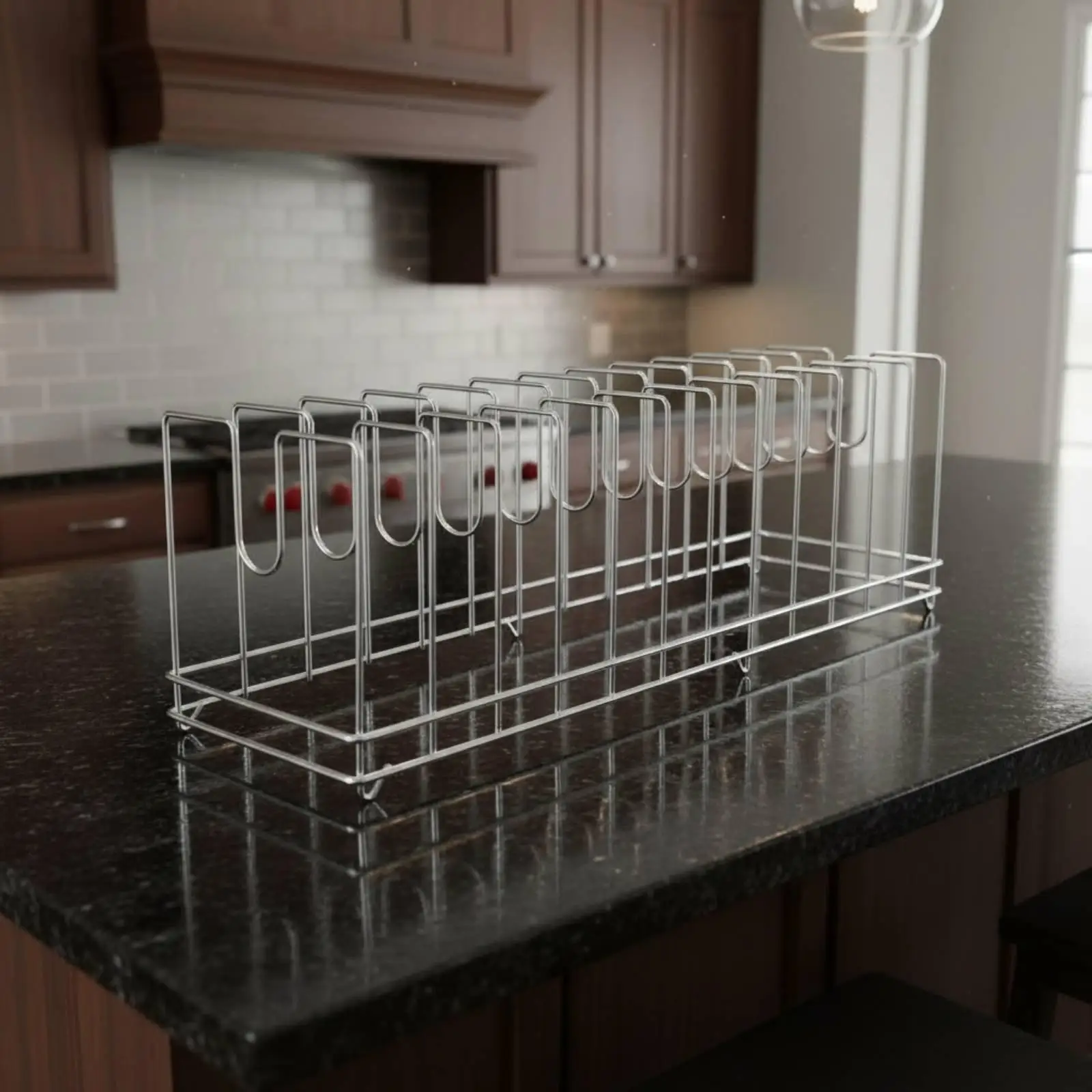 Sturdy Kitchen Storage Rack for Pan Organizer with Chrome Iron Frame and V Shape Base for Cabinet Shelf Use