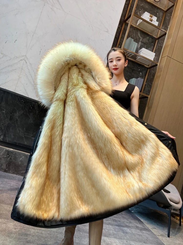 Parka Women's New Winter Fur Coat Imitation Fox Fur Liner Haining Coat Fleece-Lined Thickened Hooded