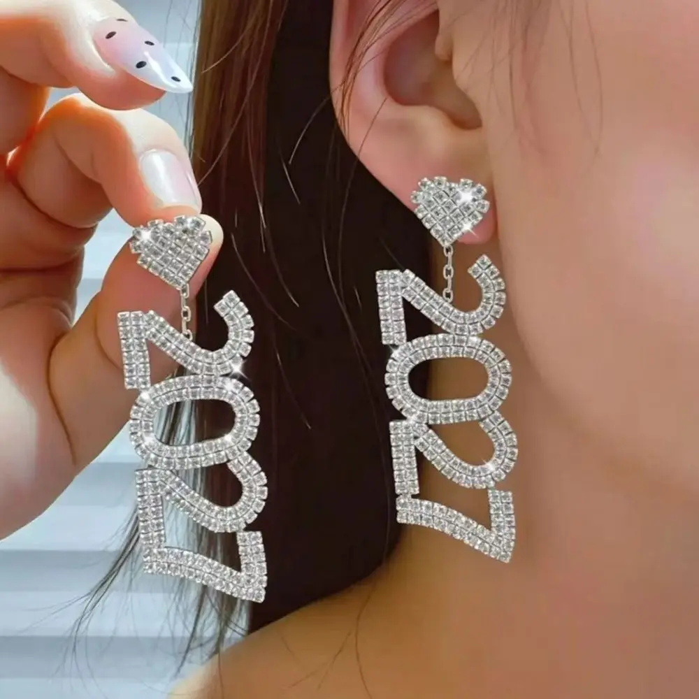 Luxury Elegant 2027 Digital Earrings Rhinestone Long Drop New Year Earrings Fashion Shiny Long Drop Earring Wedding