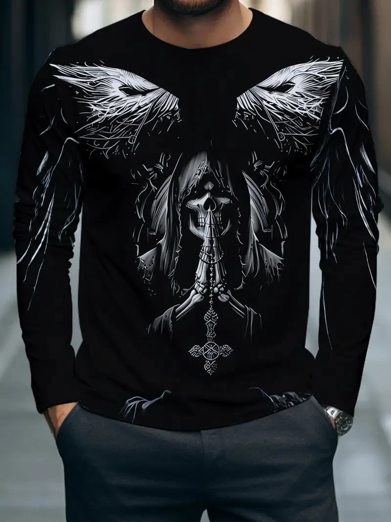 Herren Halloween Geflügelter Schädel Ritter Print Langarm T-Shirt Atmungsaktives Casual Langarm-Oberteil für den Alltag und Outdoor-Aktivitäten, Familienoutfit – Detail 4