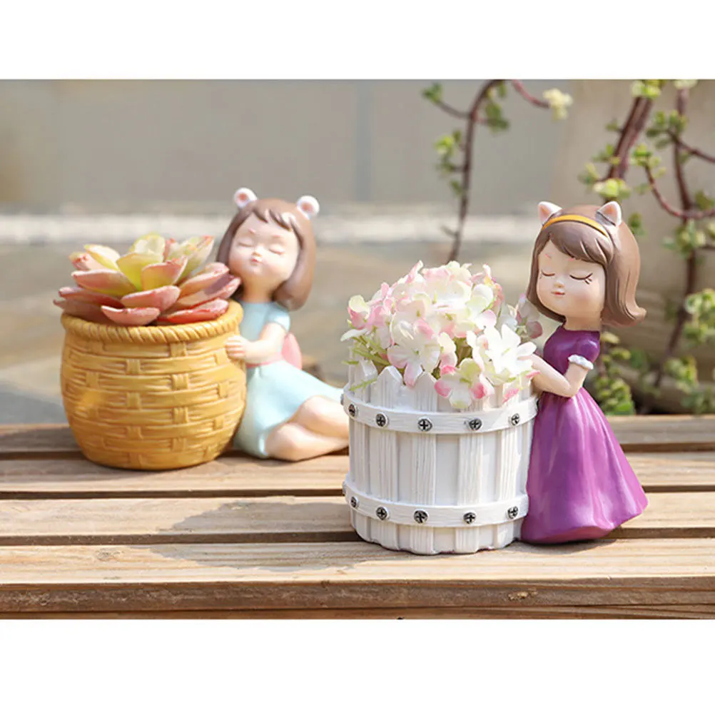 

Resin Flowerpot Cartoon Style Ladies Shape Light Green Painted Mini Plant Container Desktop Ornament for Home Cactus Succulent