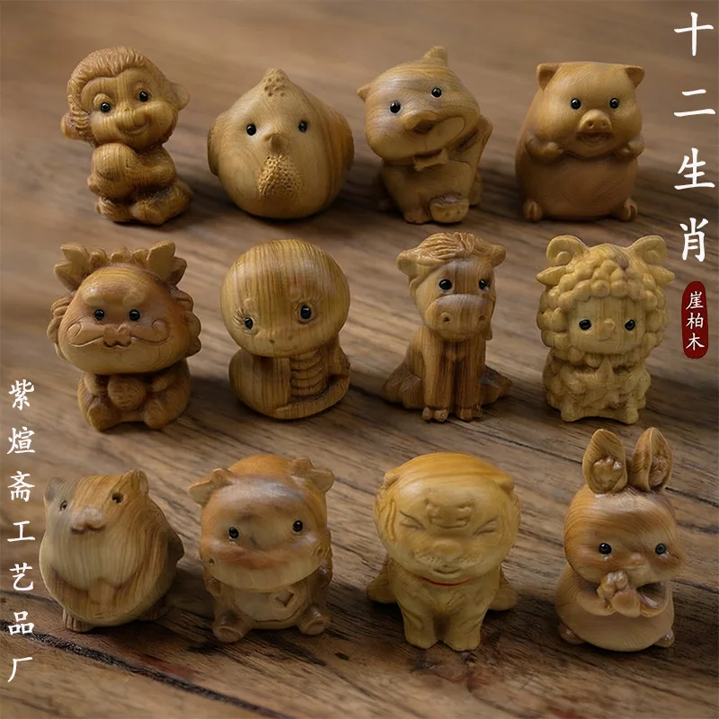 Cypress Wood Carved 12 Zodiac Animal Figurines Wooden Mini Ornaments Car Decor Hand Play Desktop Collectible Decoration