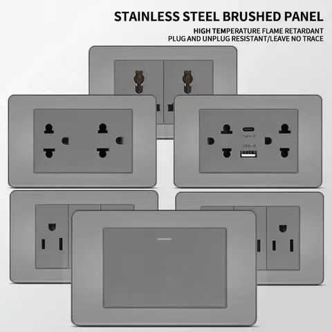 118*75mm  Premium Stainless Steel Brushed Wall Socket with USB Type - C, US Switch, Thai Plug for Home & Office Use