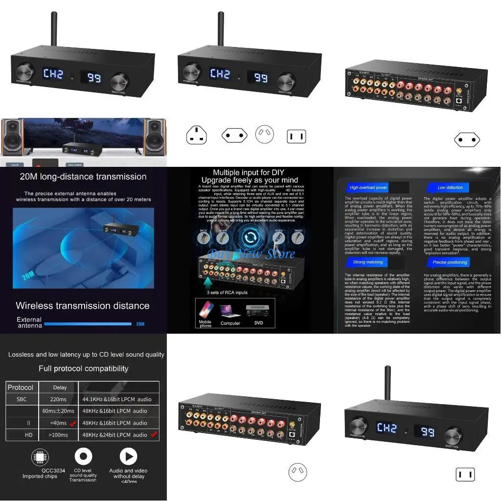 

20CE PA510 5.1 Channel Digital Power Amplifier Remote Control 50Wx4+100Wx2 6CH Powerful