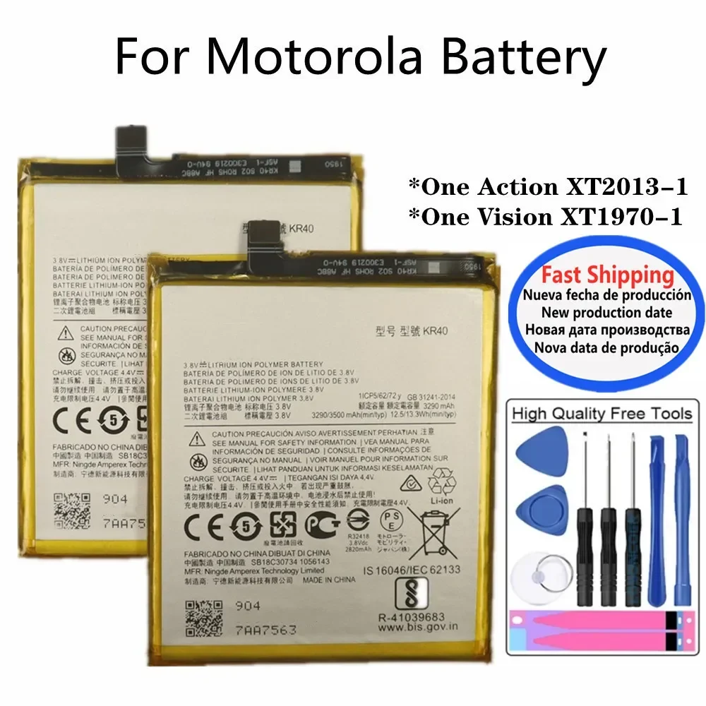 KR40 Battery For Motorola Moto One Action XT2013-1 One Vision XT1970-1 3500mAh Mobile Phone Bateria + Free Tools