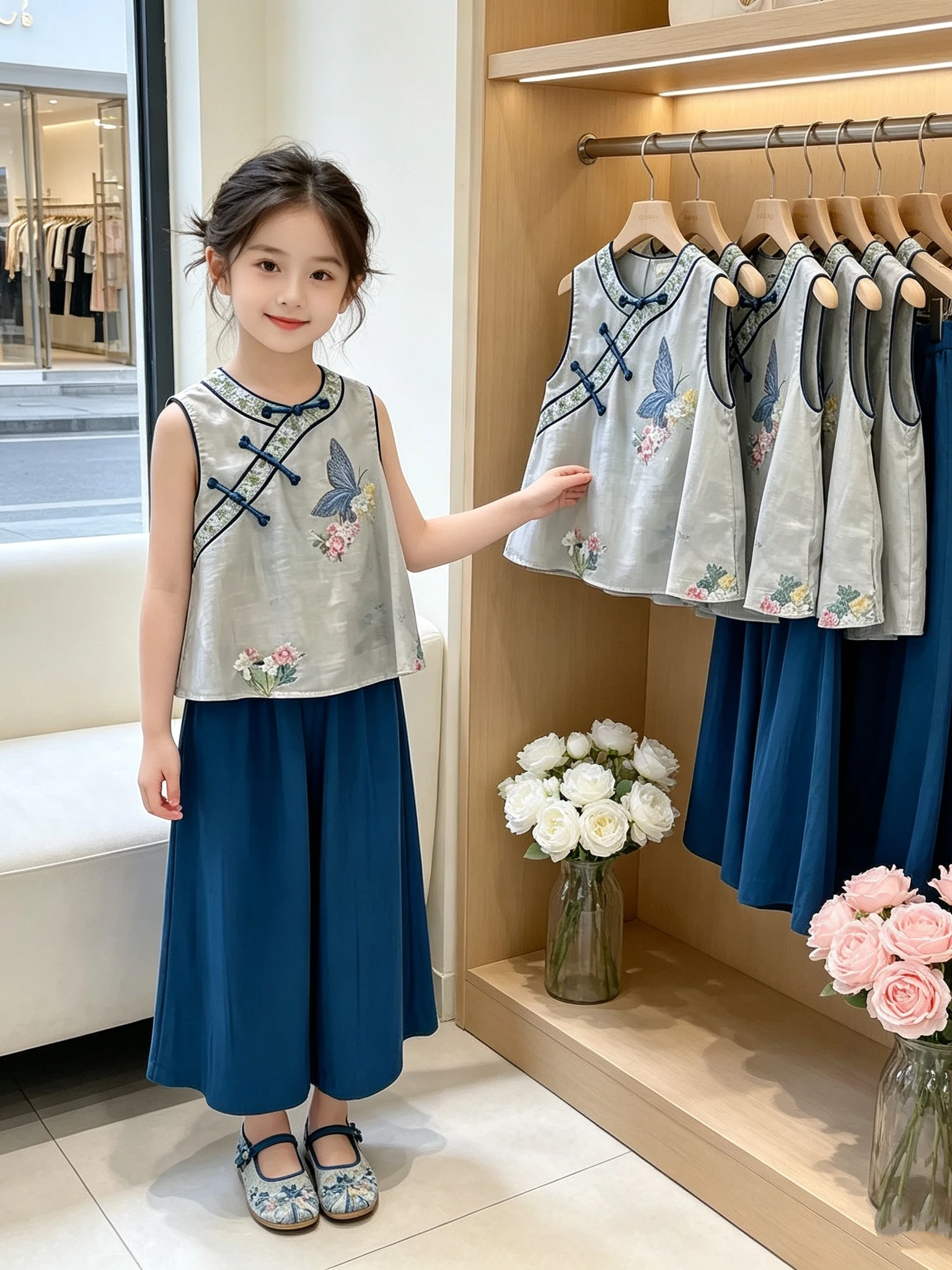 

Girls' New Chinese Style Renovated Hanfu Set Summer Clothes Children's Print Sleeveless Wide Leg Pants Two Piece Set