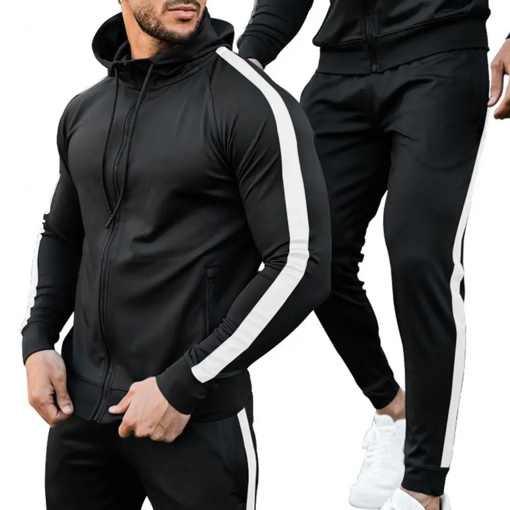 

2Pcs/Set Men Tracksuit Mid-rise Coldproof Men Autumn Striped Patchwork Slim Tracksuit Outfit Male Sweatsuit Daily Clothing