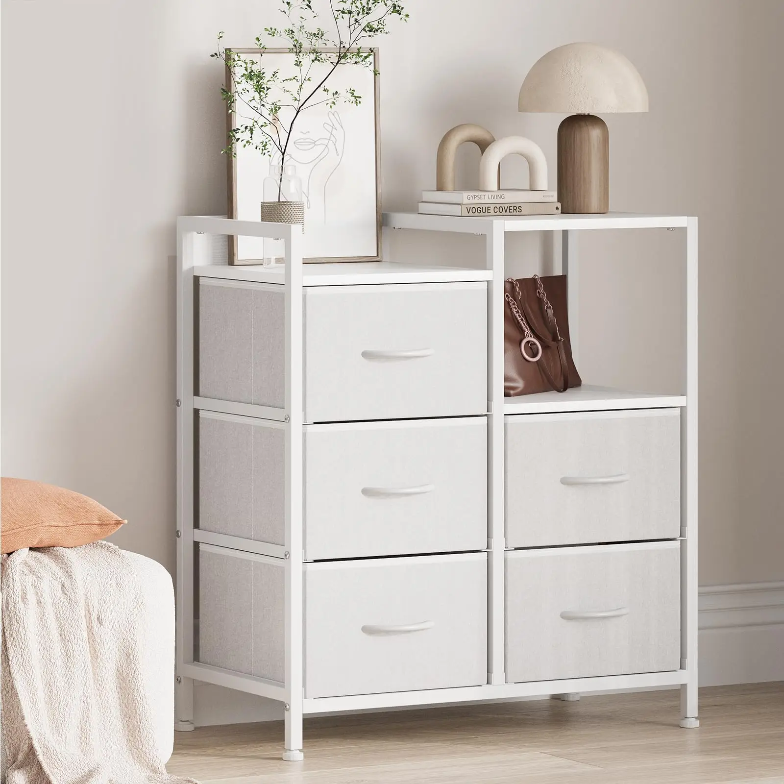 

5-Drawer Fabric Filing Cabinet With Open Shelf For Home Office White