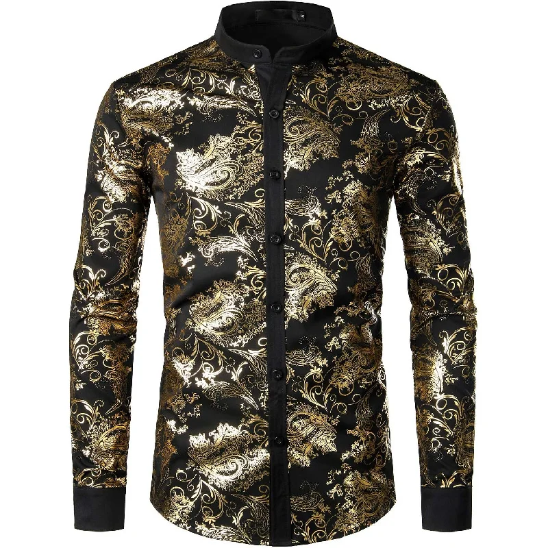 Mens Casual Luxury Print Dress Shirts Paisley Long Sleeve Button Down Shirts, Gothic Style