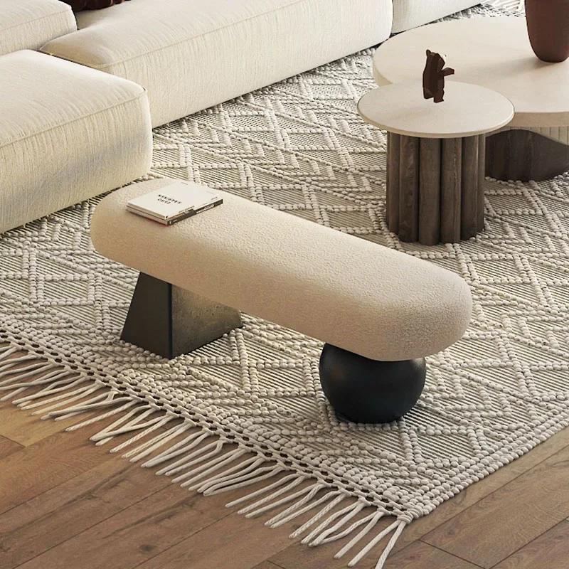 Modern Minimalist Boucle Bench, Artistic Accent Seat with Asymmetric Base, Living Room Bedroom Home Decor Furniture