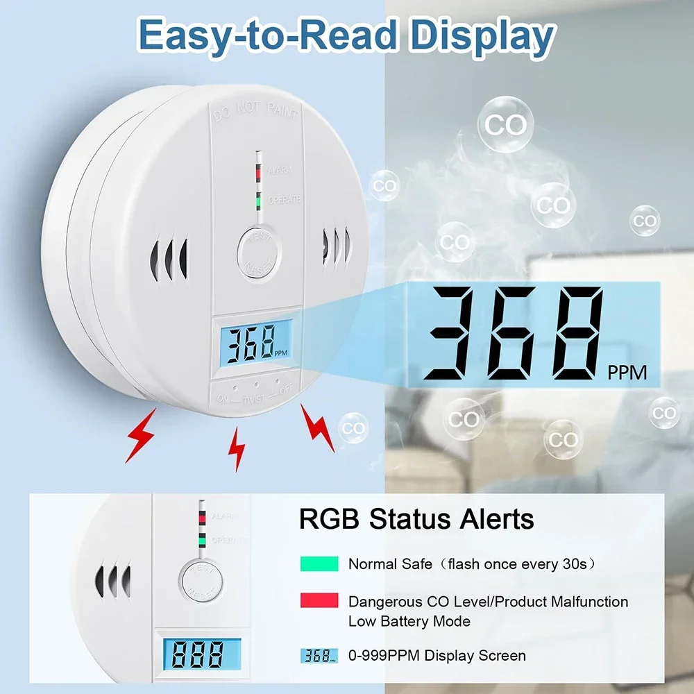 Karbon Monoksit Dedektörleri Akülü CO Alarmı, Ev Mutfak Restoran Otel Ofisi için LED Dijital Ekran Test Düğmesi ile
