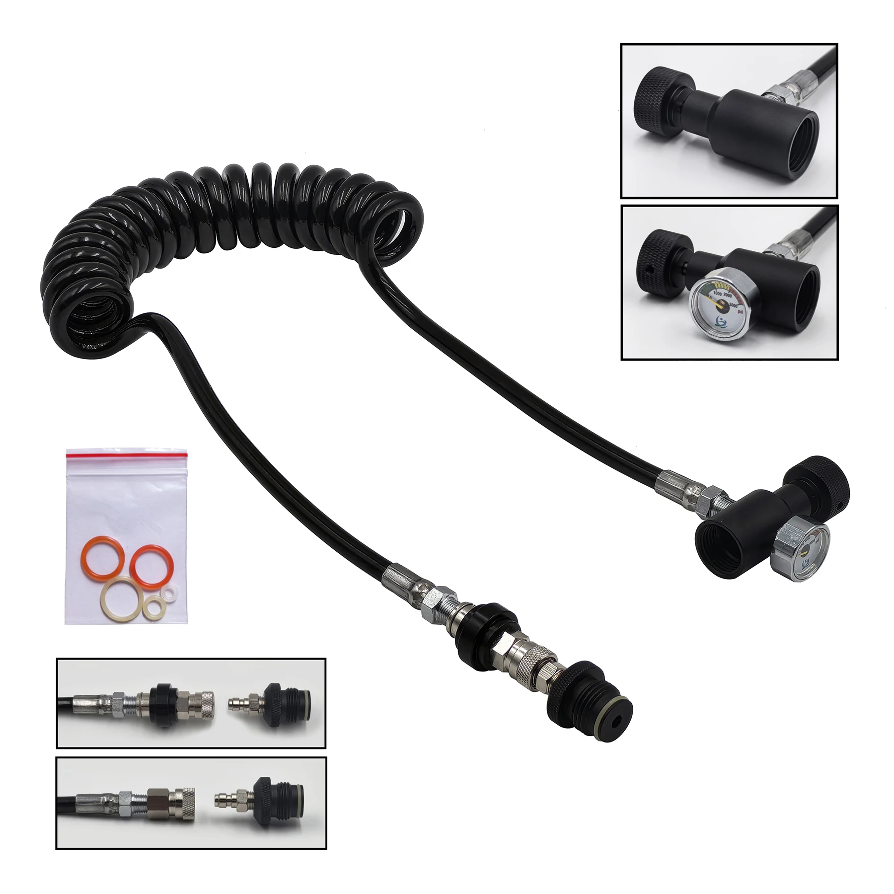 

HPA Coil Remote Hose Line 100inches(2.5M) Length with or without Slide Check 8mm Male and Female Quick Disconnect 3000psi Gauge